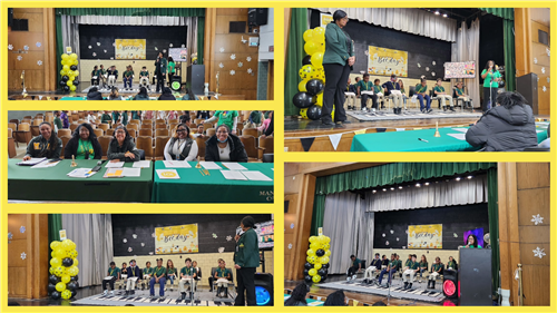 Students on stage before school spelling bee, principal and teacher address the audience and particpants
